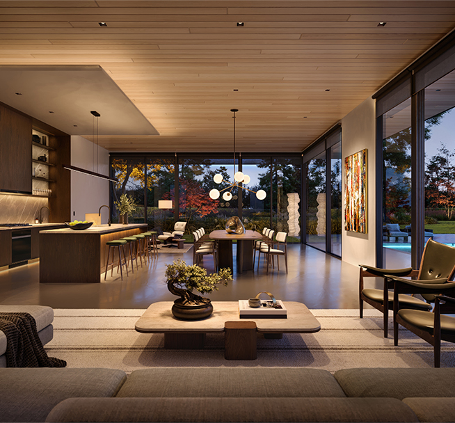 A residential living room illuminated by a HomeWorks Home Lighting Control System