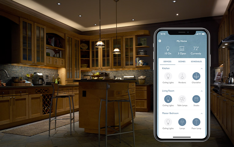 Traditional kitchen with lights dimmed showcasing Lutron app on iPhone.